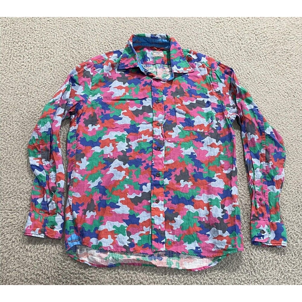 Limo Land Shirt Mens Large Multicolor Camo 100% Linen Long Sleeve Button Front